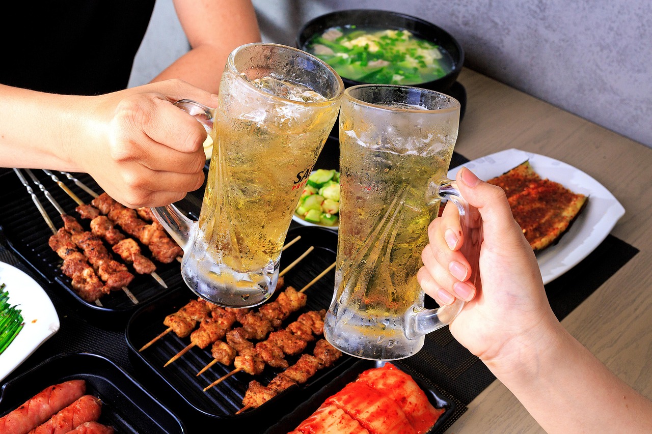 barbecue, beer, dining, meat skewers, grilled meat, cooking, restaurant